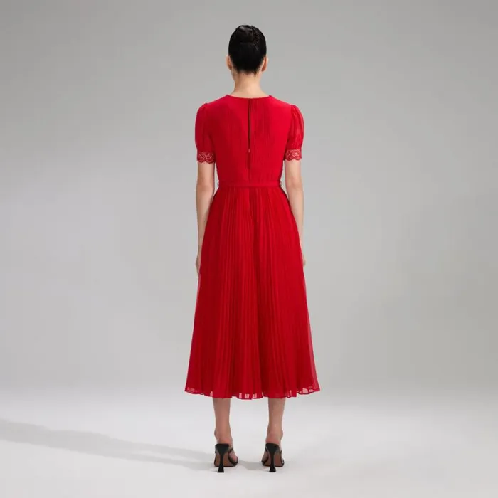 Dresses Woman SelfPortrait Red Chiffon Midi Dress Lace Detail Dresses Woman SelfPortrait Red Chiffon Midi Dress Lace Detail
