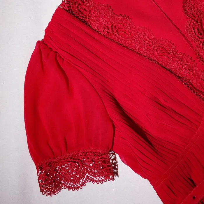 Dresses Woman SelfPortrait Red Chiffon Midi Dress Lace Detail Dresses Woman SelfPortrait Red Chiffon Midi Dress Lace Detail