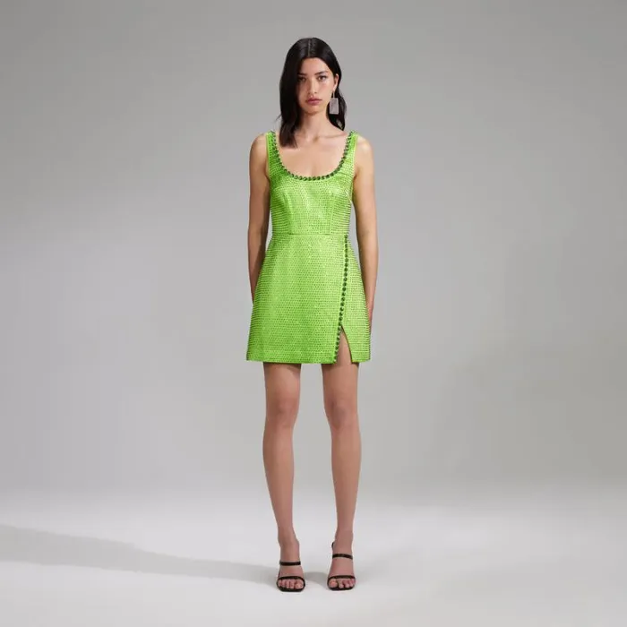 Dresses Woman SelfPortrait Rhinestone Satin Mini Dress Green
