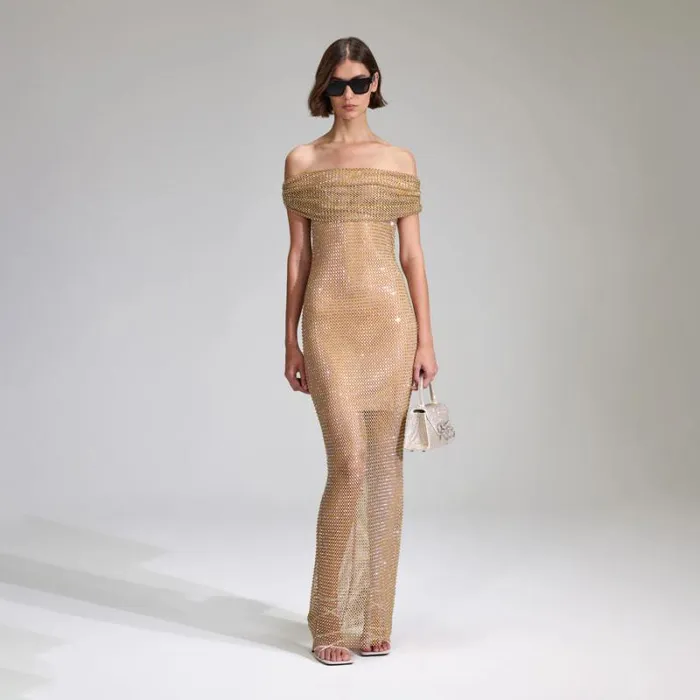 Dresses Woman SelfPortrait Tan Rhinestone Off Shoulder Fishnet Maxi Dress