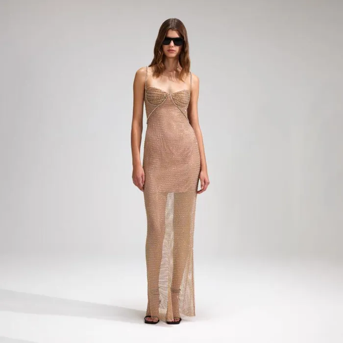 Dresses Woman SelfPortrait Tan Rhinestone Off Shoulder Fishnet Maxi Dress Dresses Woman SelfPortrait Tan Rhinestone Off Shoulder Fishnet Maxi Dress