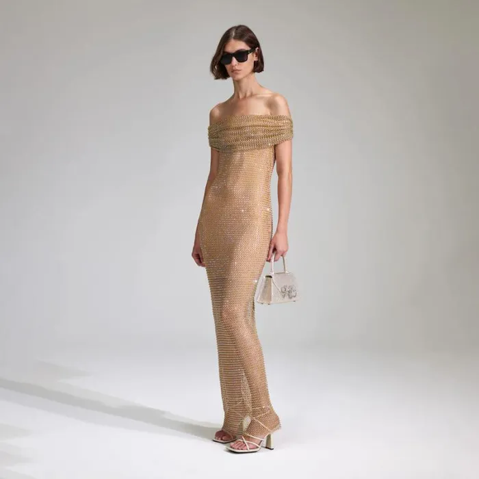 Dresses Woman SelfPortrait Tan Rhinestone Off Shoulder Fishnet Maxi Dress Dresses Woman SelfPortrait Tan Rhinestone Off Shoulder Fishnet Maxi Dress