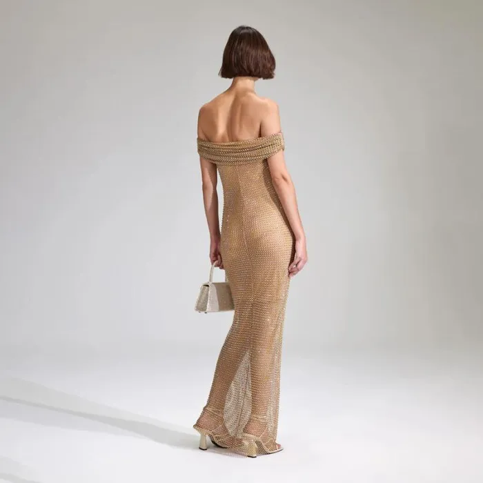 Dresses Woman SelfPortrait Tan Rhinestone Off Shoulder Fishnet Maxi Dress Dresses Woman SelfPortrait Tan Rhinestone Off Shoulder Fishnet Maxi Dress