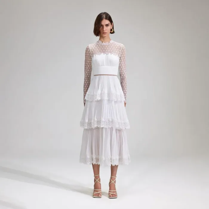Dresses Woman SelfPortrait White Chiffon Tiered Midi Dress