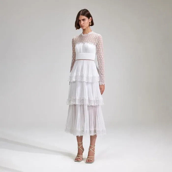 Dresses Woman SelfPortrait White Chiffon Tiered Midi Dress Dresses Woman SelfPortrait White Chiffon Tiered Midi Dress