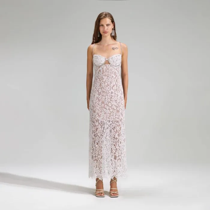 Dresses Woman SelfPortrait White Fine Lace Maxi Dress