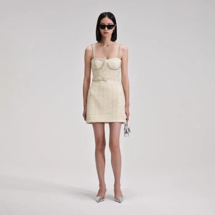 Dresses Woman SelfPortrait Yellow Boucle Diamante Trim Mini Dress