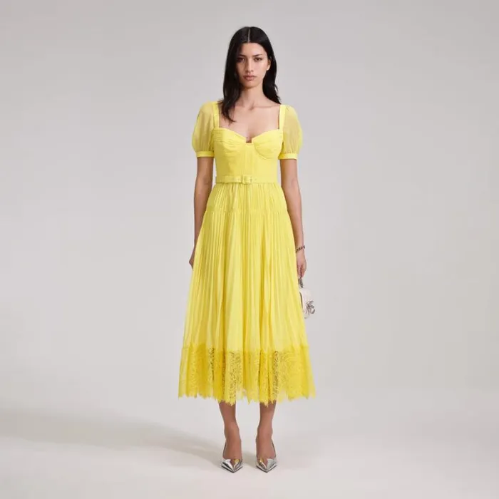 Dresses Woman SelfPortrait Yellow Chiffon Lace Detail Midi Dress