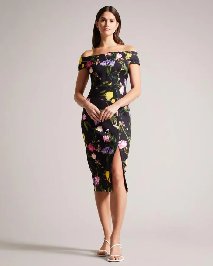 Floral Bardot Bodycon Dress Black Women Ted Baker Clothing Floral Bardot Bodycon Dress Black Women Ted Baker Clothing
