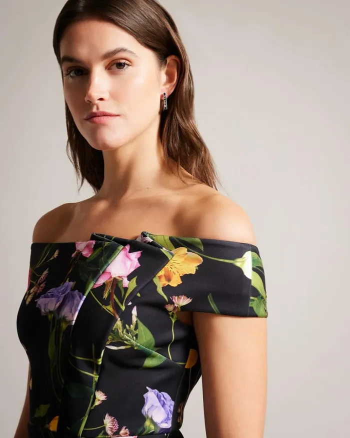 Floral Bardot Bodycon Dress Black Women Ted Baker Clothing Floral Bardot Bodycon Dress Black Women Ted Baker Clothing