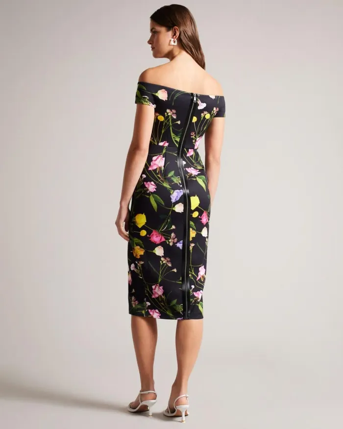 Floral Bardot Bodycon Dress Black Women Ted Baker Clothing Floral Bardot Bodycon Dress Black Women Ted Baker Clothing