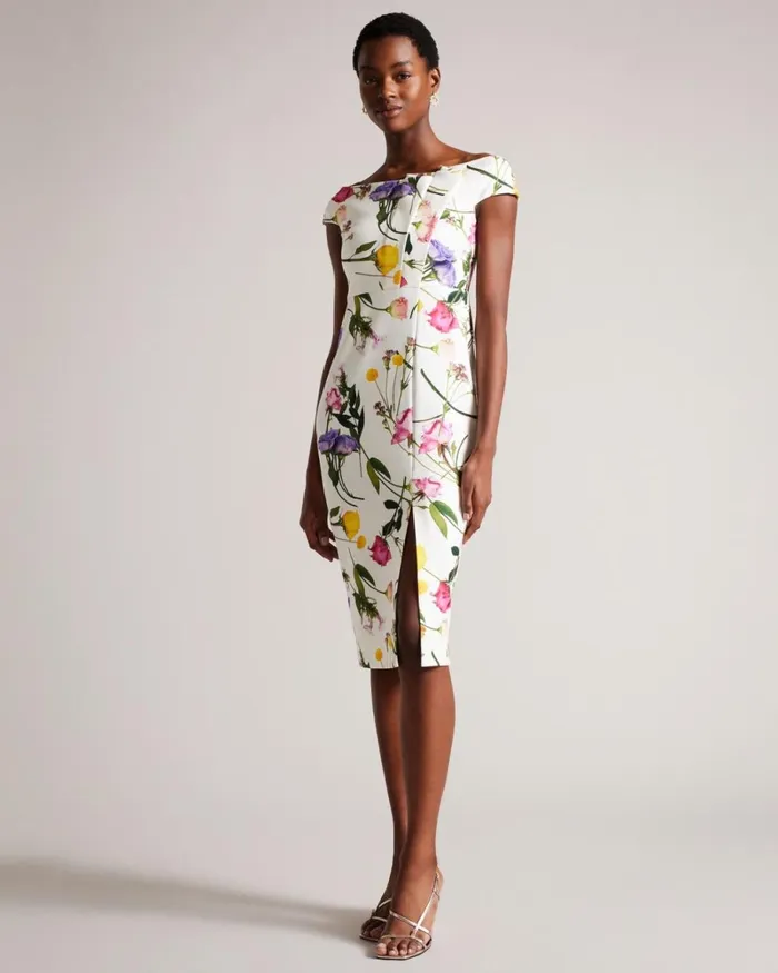Floral Bardot Bodycon Dress White Women Ted Baker Clothing Floral Bardot Bodycon Dress White Women Ted Baker Clothing