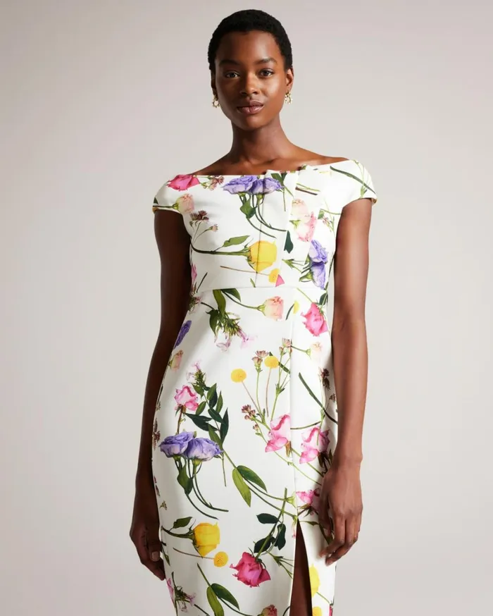 Floral Bardot Bodycon Dress White Women Ted Baker Clothing Floral Bardot Bodycon Dress White Women Ted Baker Clothing