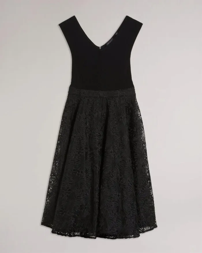 Floral Knit Bodice Midi Dress Black Women Ted Baker Clothing