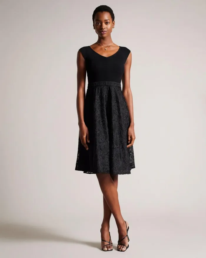 Floral Knit Bodice Midi Dress Black Women Ted Baker Clothing