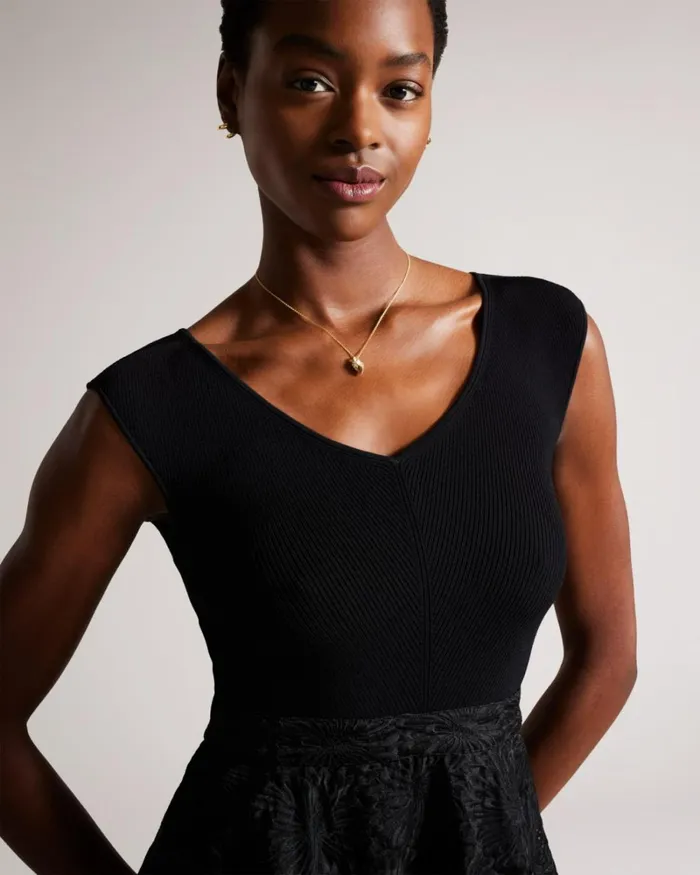 Floral Knit Bodice Midi Dress Black Women Ted Baker Clothing