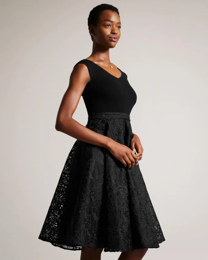Floral Knit Bodice Midi Dress Black Women Ted Baker Clothing