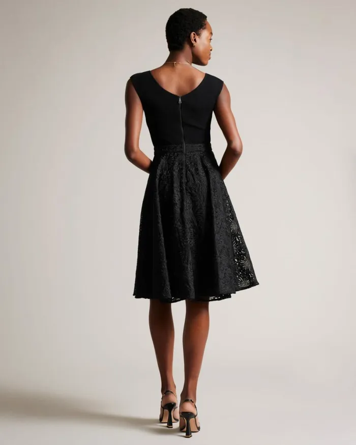 Floral Knit Bodice Midi Dress Black Women Ted Baker Clothing