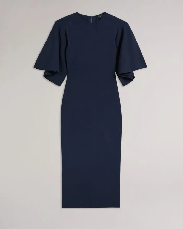 Fluted Sleeve Knitted Bodycon Midi Dress Dark Blue Women Ted Baker Clothing