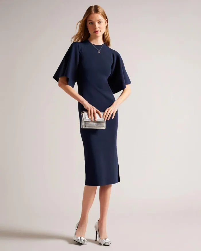 Fluted Sleeve Knitted Bodycon Midi Dress Dark Blue Women Ted Baker Clothing