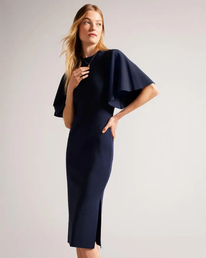 Fluted Sleeve Knitted Bodycon Midi Dress Dark Blue Women Ted Baker Clothing
