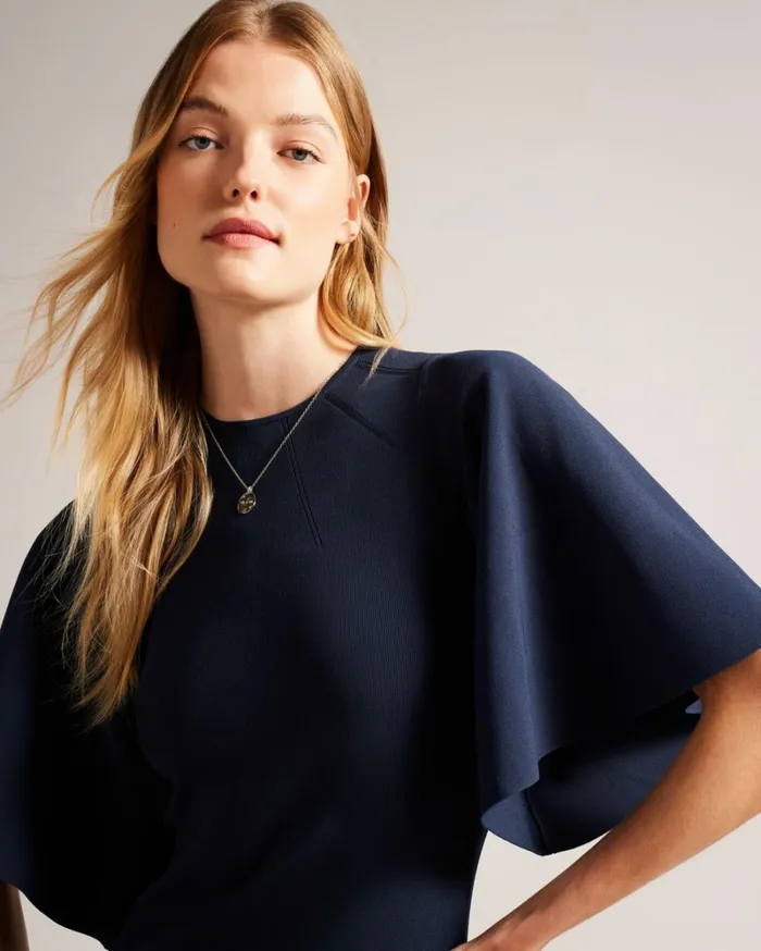 Fluted Sleeve Knitted Bodycon Midi Dress Dark Blue Women Ted Baker Clothing