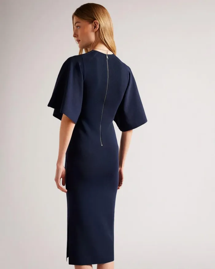 Fluted Sleeve Knitted Bodycon Midi Dress Dark Blue Women Ted Baker Clothing