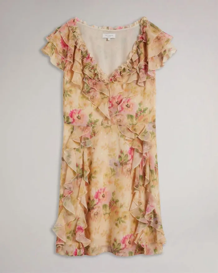 Frilled Floral V Neck Mini Dress Tan Women Ted Baker Clothing
