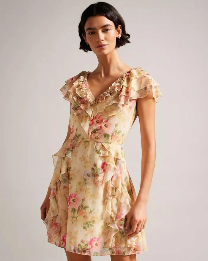 Frilled Floral V Neck Mini Dress Tan Women Ted Baker Clothing