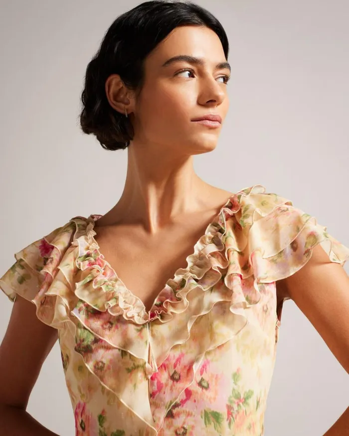 Frilled Floral V Neck Mini Dress Tan Women Ted Baker Clothing