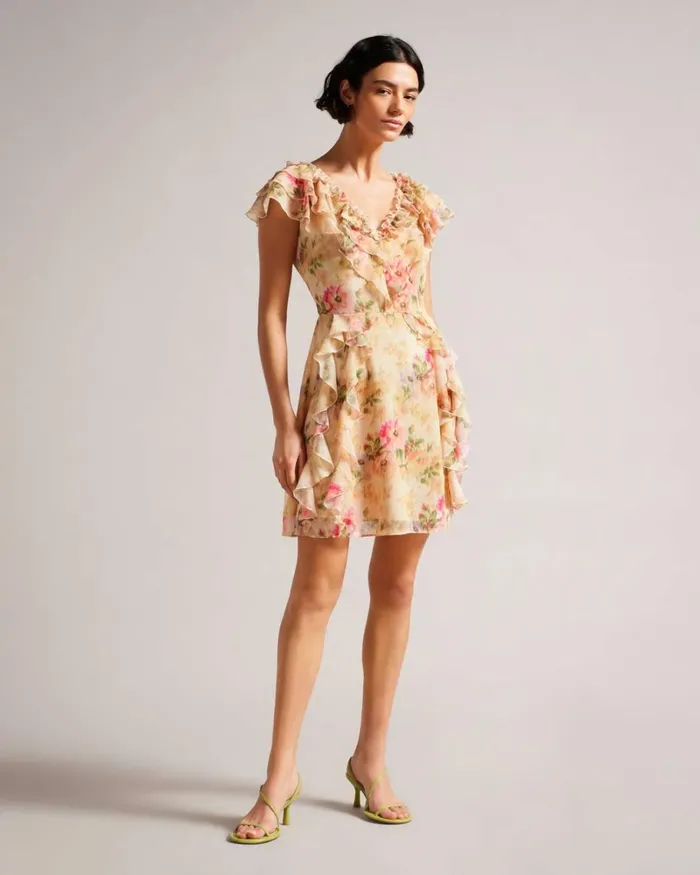 Frilled Floral V Neck Mini Dress Tan Women Ted Baker Clothing
