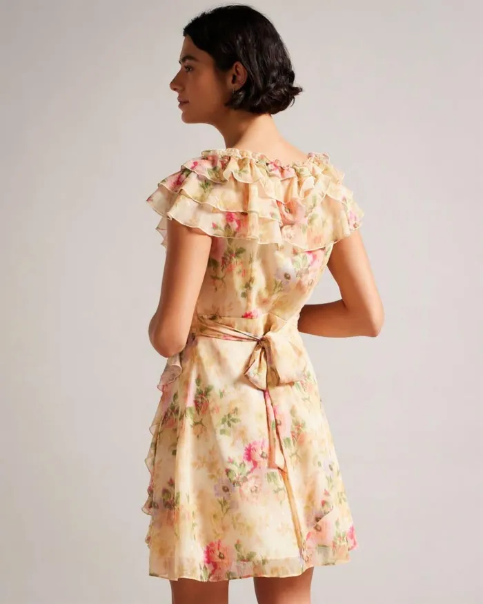 Frilled Floral V Neck Mini Dress Tan Women Ted Baker Clothing