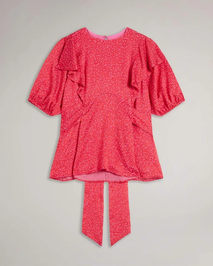 Geometric Floral Puff Sleeve Ruffle Top Fuchsia Women Ted Baker Clothing