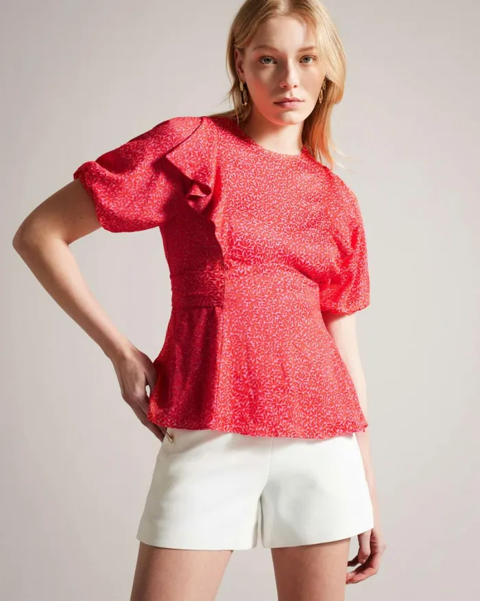 Geometric Floral Puff Sleeve Ruffle Top Fuchsia Women Ted Baker Clothing Geometric Floral Puff Sleeve Ruffle Top Fuchsia Women Ted Baker Clothing