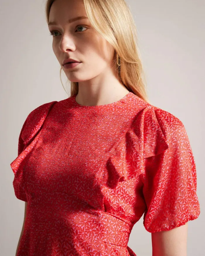 Geometric Floral Puff Sleeve Ruffle Top Fuchsia Women Ted Baker Clothing Geometric Floral Puff Sleeve Ruffle Top Fuchsia Women Ted Baker Clothing