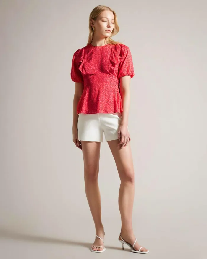Geometric Floral Puff Sleeve Ruffle Top Fuchsia Women Ted Baker Clothing Geometric Floral Puff Sleeve Ruffle Top Fuchsia Women Ted Baker Clothing