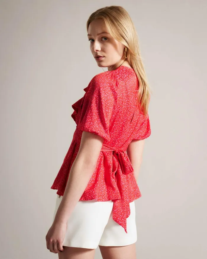Geometric Floral Puff Sleeve Ruffle Top Fuchsia Women Ted Baker Clothing Geometric Floral Puff Sleeve Ruffle Top Fuchsia Women Ted Baker Clothing