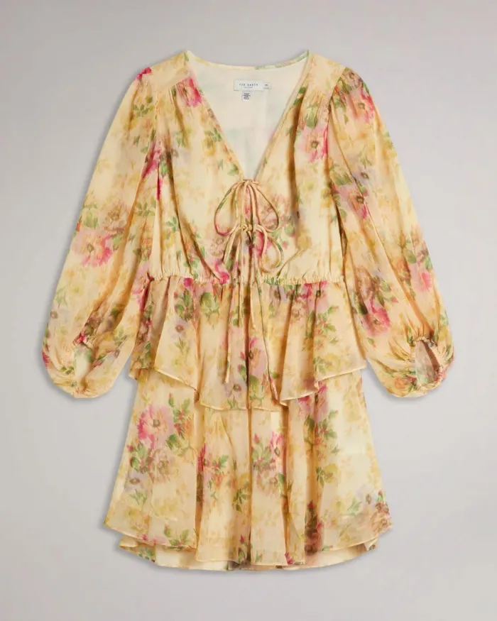 Hazy Floral Tiered Mini Dress Tan Women Ted Baker Clothing