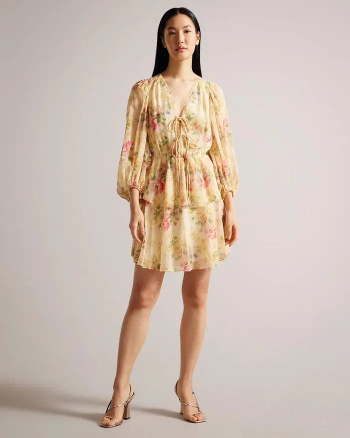 Hazy Floral Tiered Mini Dress Tan Women Ted Baker Clothing