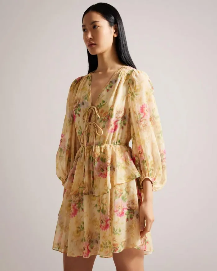 Hazy Floral Tiered Mini Dress Tan Women Ted Baker Clothing