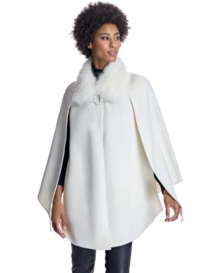 Jackets Women039s Maximilian Julia and Stella Buckle Detailed Cashmere Cape With Dyed Cashmere Goat Trim