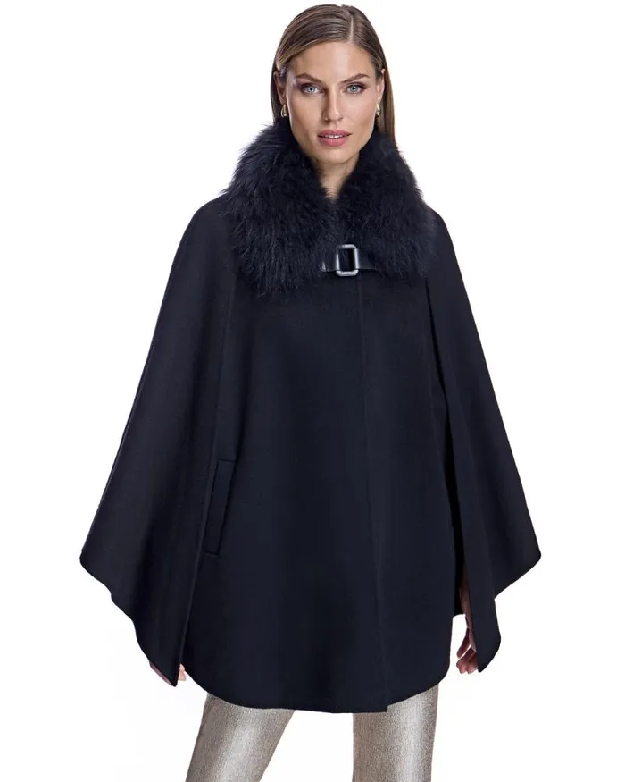 Jackets Women039s Maximilian Julia and Stella Buckle Detailed Cashmere Cape With Dyed Cashmere Goat Trim