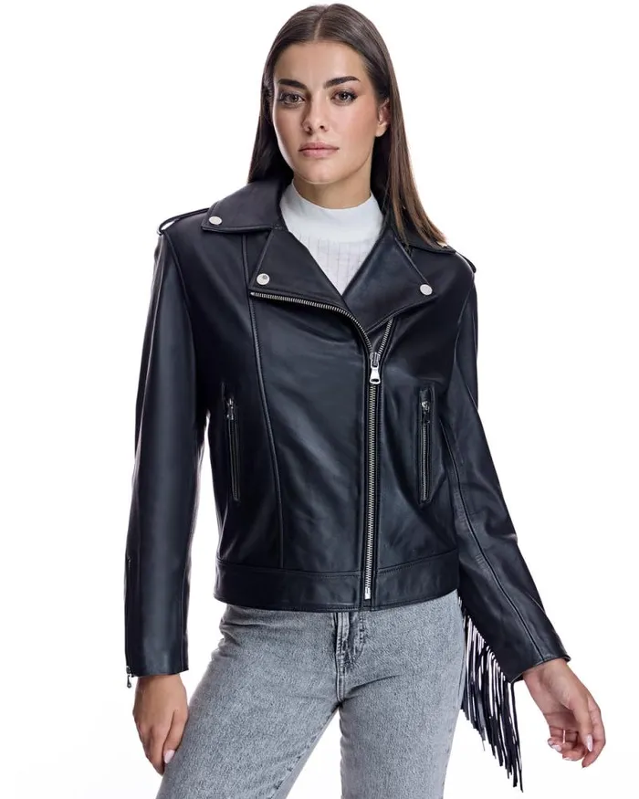 Jackets Women039s Maximilian Julia and Stella Leather Moto Jacket With Fringes