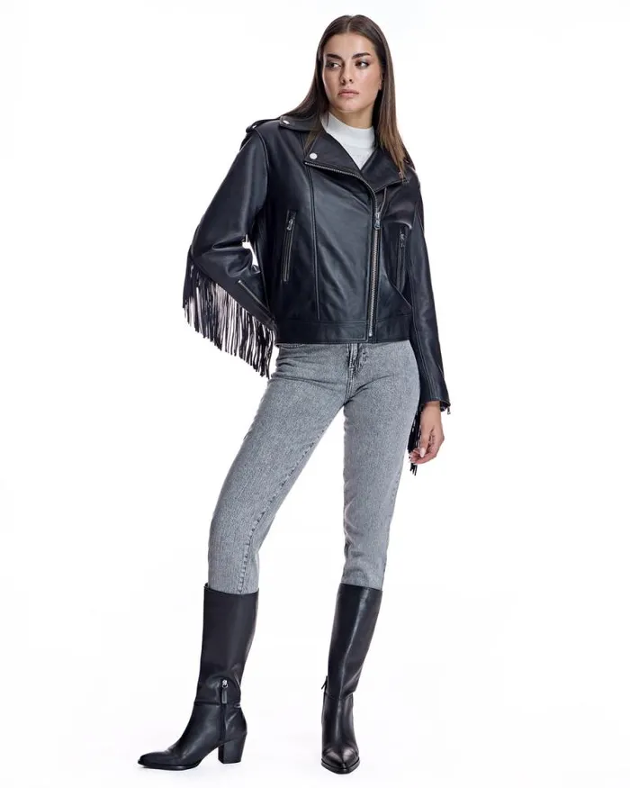 Jackets Women039s Maximilian Julia and Stella Leather Moto Jacket With Fringes