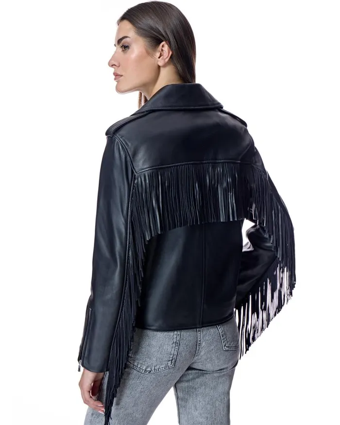 Jackets Women039s Maximilian Julia and Stella Leather Moto Jacket With Fringes
