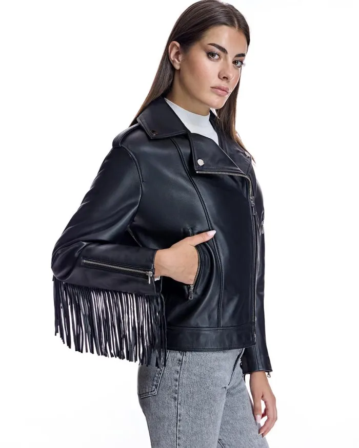 Jackets Women039s Maximilian Julia and Stella Leather Moto Jacket With Fringes