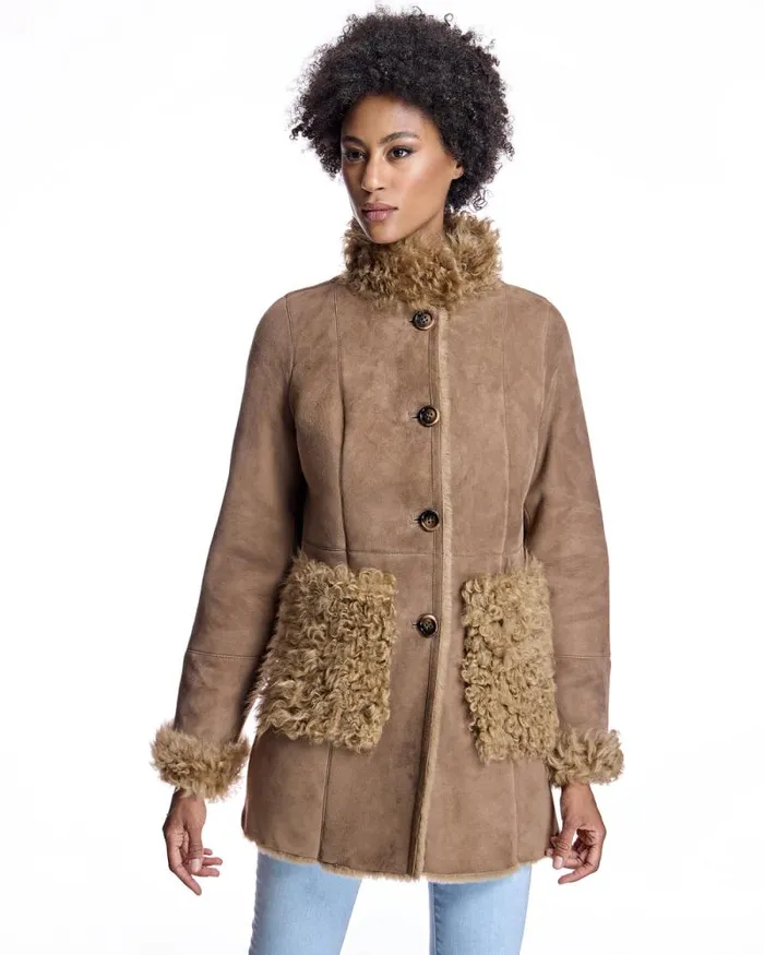 Jackets Women039s Maximilian Julia and Stella Shearling Jacket With Curly Lamb Trim