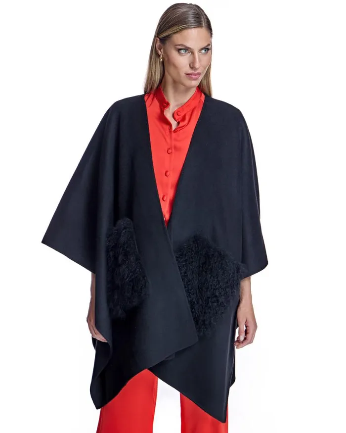 Jackets Women039s Maximilian Julia and Stella Wool Blend Ruana With Plush Cashmere Goat Trim