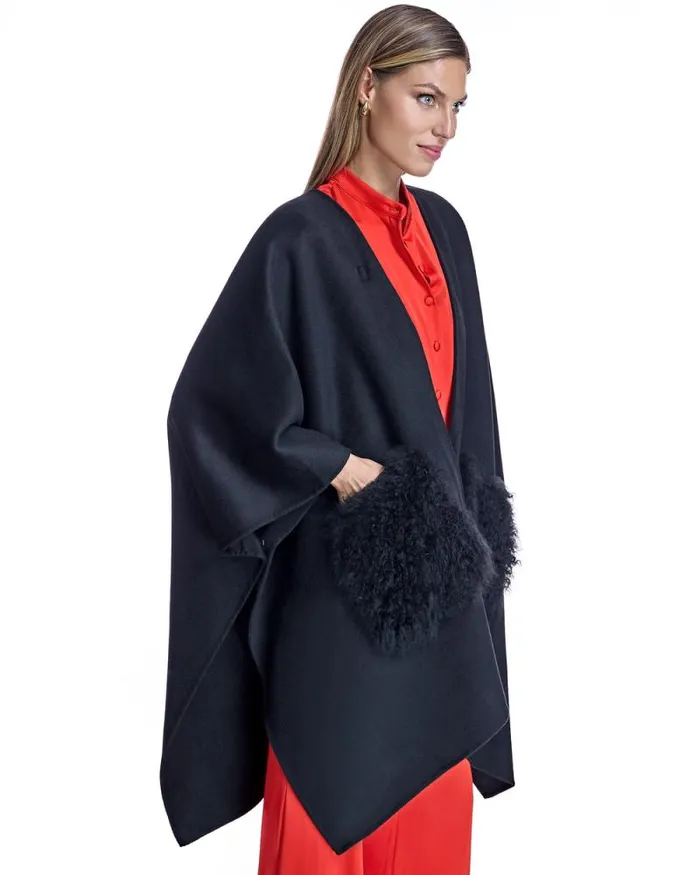 Jackets Women039s Maximilian Julia and Stella Wool Blend Ruana With Plush Cashmere Goat Trim