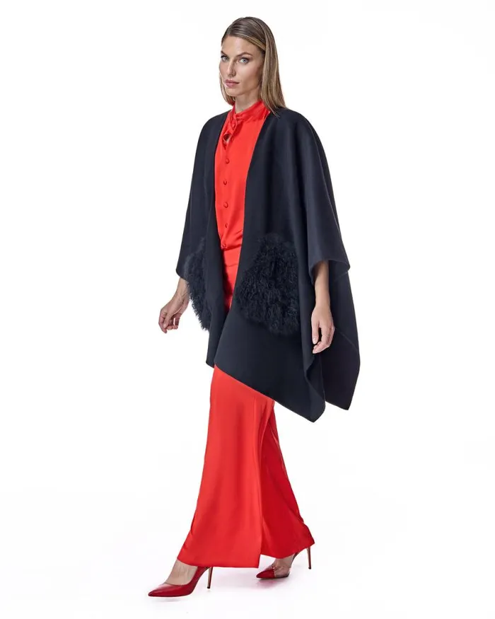 Jackets Women039s Maximilian Julia and Stella Wool Blend Ruana With Plush Cashmere Goat Trim